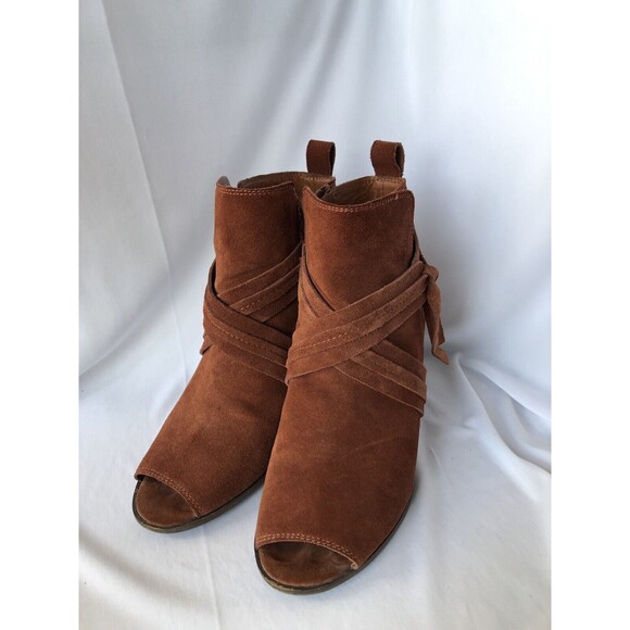 Lucky Brand Open Toe Brown Zip Up Suede Ankle Booties Size 9M - Picture 2 of 7